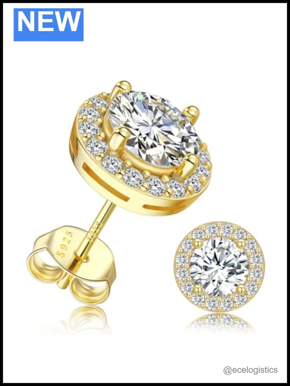 Moissanite Stud Earrings 14K Gold Plated 925 Sterling Silver Hypoallergenic 10ct